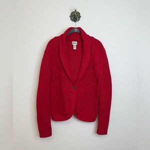 Chico's Red Ribbed Knit Crochet Cardigan Sweater Shawl Collar Women's Size Large